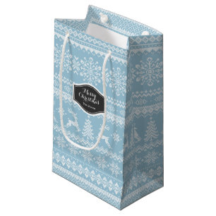 Christmas sweater blue fair isle pattern monogram small gift bag