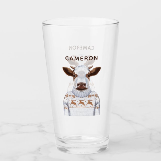 Christmas Sweater Cow | Add Your Name Glass (Front)