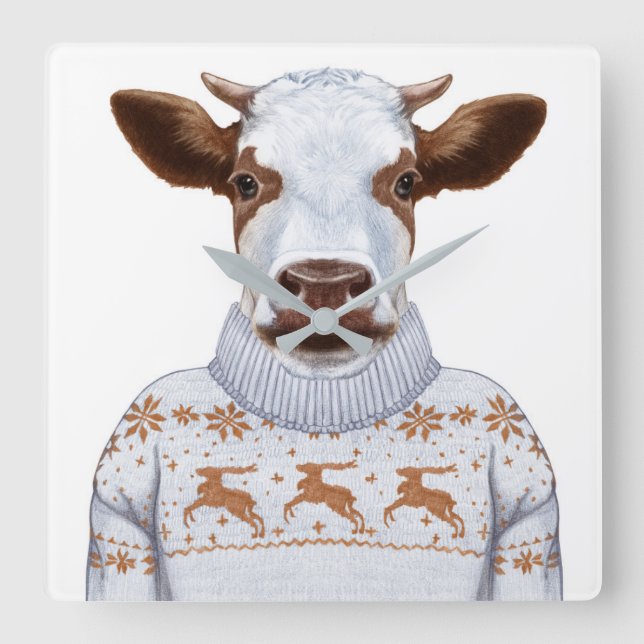 Christmas Sweater Cow Square Wall Clock (Front)