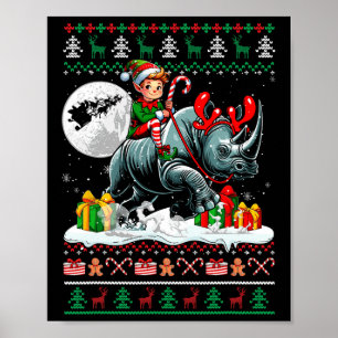 Christmas Sweater Elf Riding Rhino Matching Kids T Poster