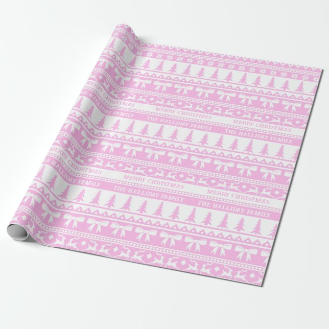 Christmas Sweater Family Name Monogram Pink White Wrapping Paper (Unrolled)