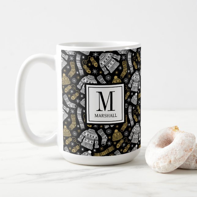 Christmas Sweater Gloves Snowflakes Monogram Name Coffee Mug (With Donut)