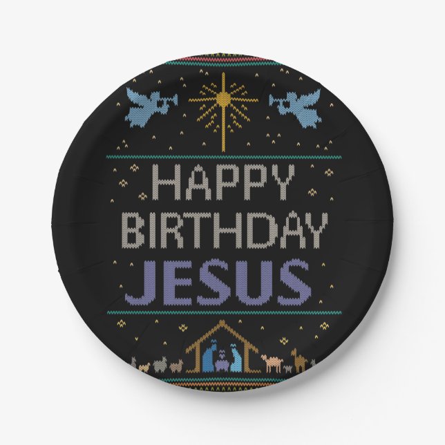 Christmas Sweater - Happy Birthday Jesus Christian Paper Plate (Front)