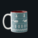 Christmas Sweater Knitted Pattern Whale Winter  Two-Tone Coffee Mug<br><div class="desc">Warm and cosy winter days and nights illustration design,  featuring classic knitted funny ugly Christmas sweater with white whales,  jingle bells,  fir trees,  and snowflakes. Minimalistic Xmas sweater pattern festive design in light blue and white for whale lovers. Whale Christmas pattern sweater. Whale Xmas design.</div>