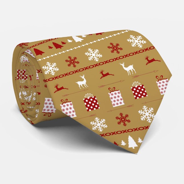 Christmas Sweater Pattern, white, red on gold Tie (Rolled)