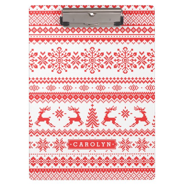 Christmas sweater red fair isle pattern monogram clipboard (Front)