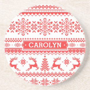 Christmas sweater red fair isle pattern monogram coaster