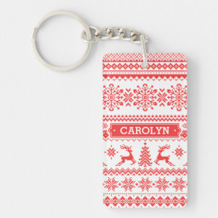 Christmas sweater red fair isle pattern monogram key ring