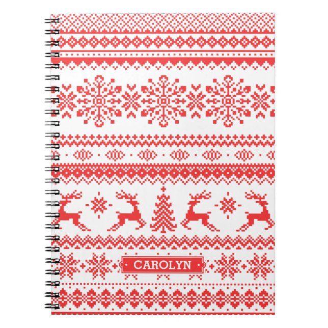 Christmas sweater red fair isle pattern monogram notebook (Front)