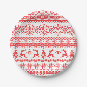 Christmas sweater red fair isle pattern monogram paper plate