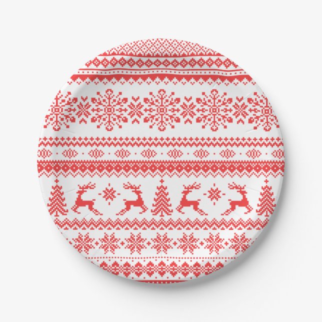 Christmas sweater red fair isle pattern monogram paper plate (Front)