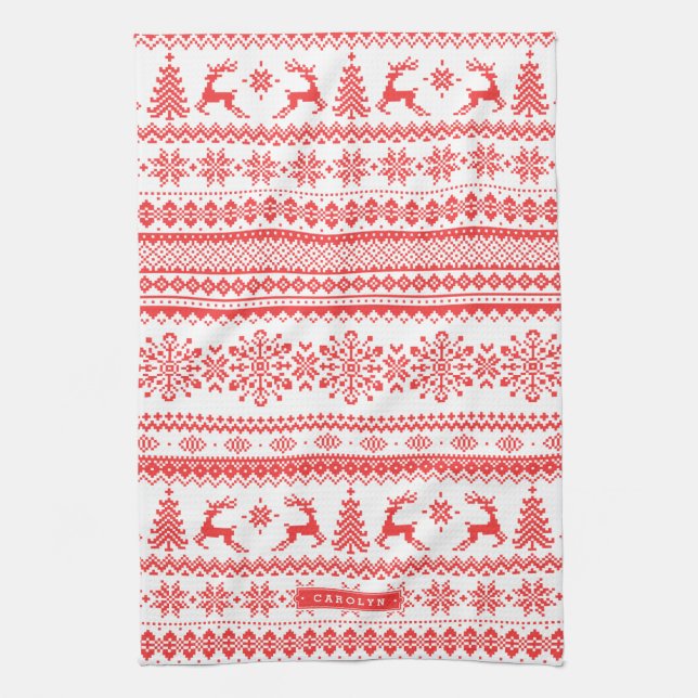 Christmas sweater red fair isle pattern monogram tea towel (Vertical)