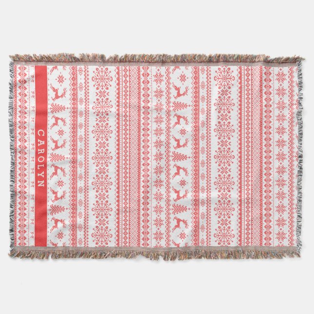 Christmas sweater red fair isle pattern monogram throw blanket (Front)