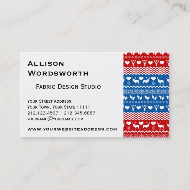 Christmas Sweater Reindeer, Snowflakes and Mittens Business Card (Front)