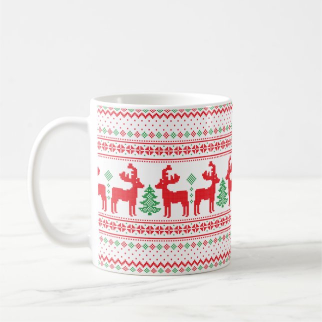 Christmas Sweater Reindeer Xmas Trees Knit Pattern Coffee Mug (Left)