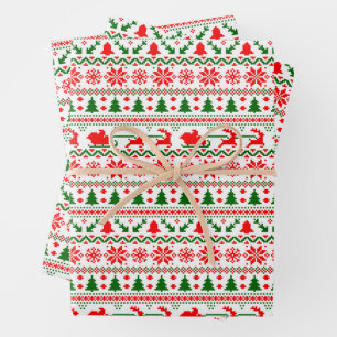 Christmas Sweater Snowflakes Reindeer Trees Santa Wrapping Paper Sheet