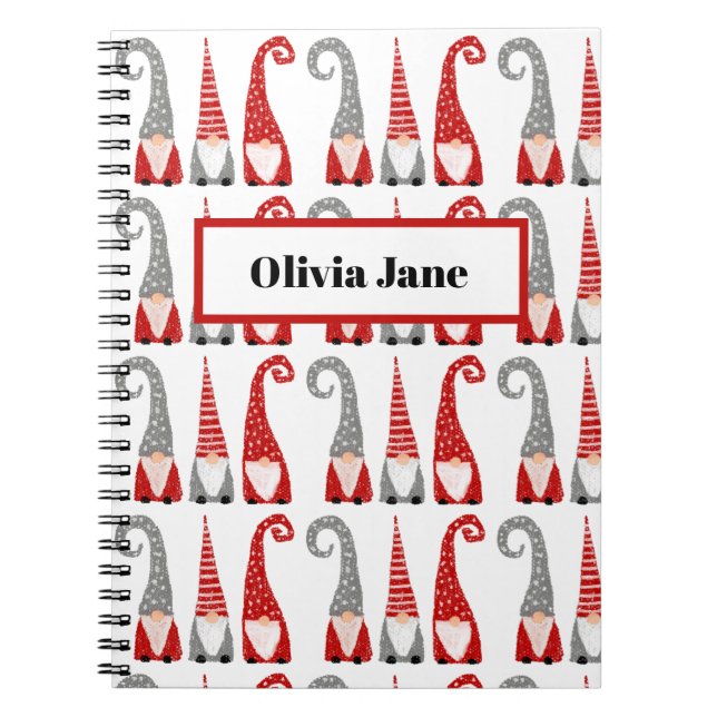 Christmas Swedish Gnomes Pattern Red Personalised Notebook (Front)
