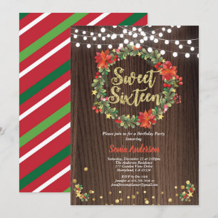 Christmas sweet 16 birthday wreath rustic invitation