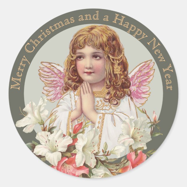 Christmas Sweet Victorian angel greeting CC1033 Classic Round Sticker (Front)