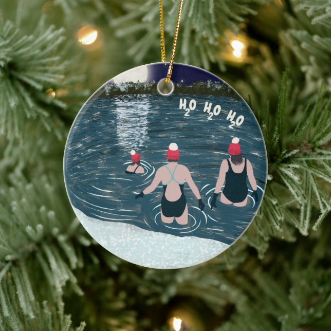 Christmas swimming in snowy lake in Santa hats Ceramic Tree Decoration (Tree)