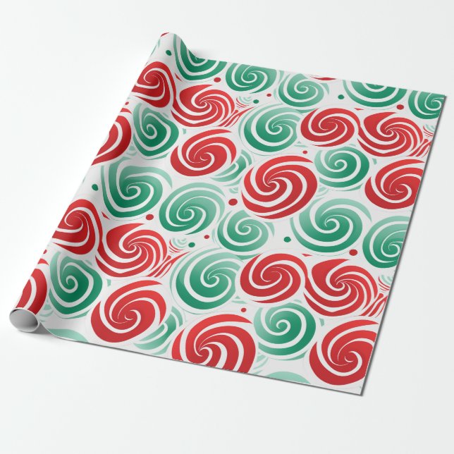 Christmas Swirl Red, Green, and White  Wrapping Paper (Unrolled)