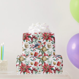 Christmas Symbols wit Poinsettia with Red Robin  Wrapping Paper