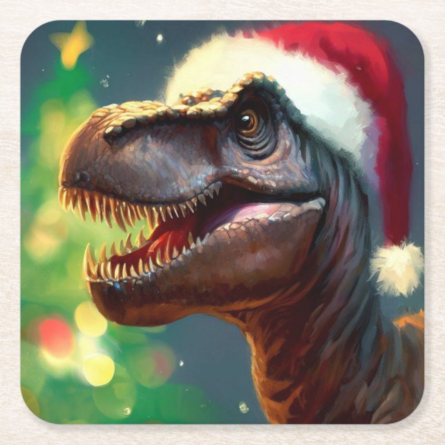 Christmas T-Rex 2 Square Paper Coaster (Front)