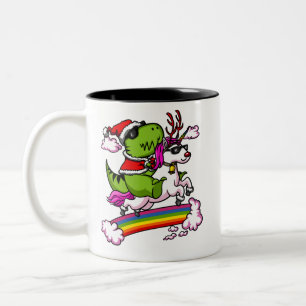 Christmas T-Rex Dinosaur Santa Riding Unicorn Two-Tone Coffee Mug