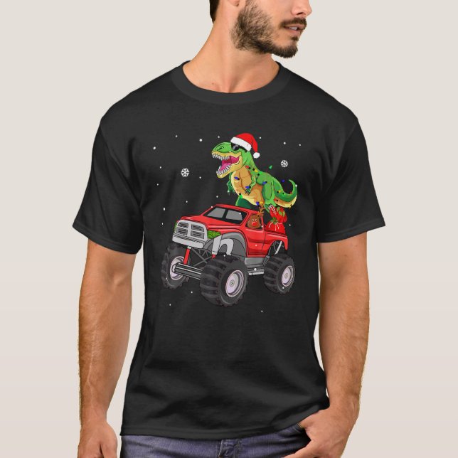 Christmas t rex dinosaur truck Monster santa Pajam T-Shirt (Front)