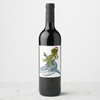 Christmas T-rex with Xmas lights Rinding a Shark g Wine Label