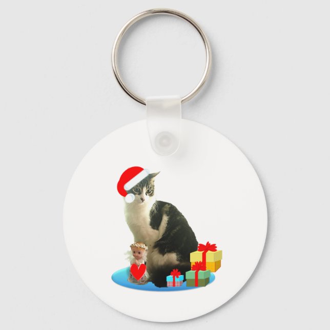 Christmas tabby cat and cute little angel key ring (Front)