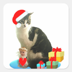 Christmas tabby cat and cute little angel square sticker