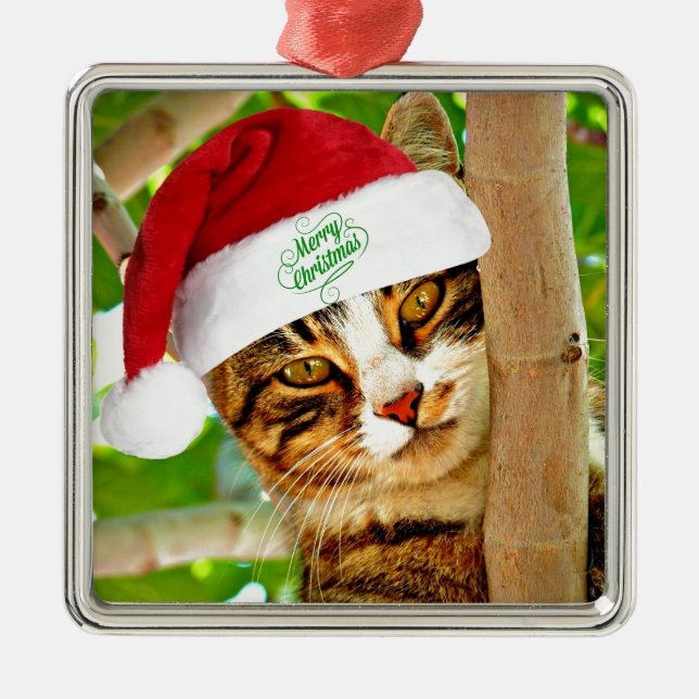 Christmas Tabby Cat in a Tree  Metal Tree Decoration (Front)