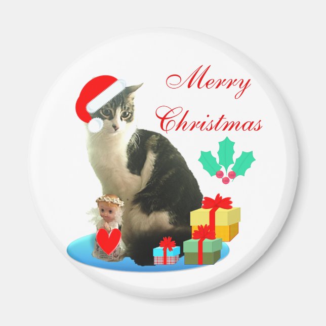 Christmas tabby cat, little angel & gifts magnet (Front)