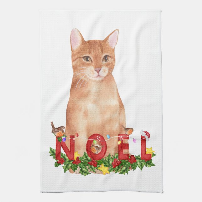 Christmas Tabby Cat Watercolor  Tea Towel (Vertical)
