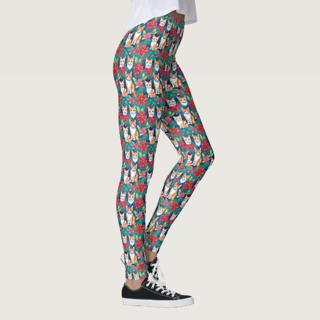 Christmas Tabby Cats With Poinsettias Leggings (Right)