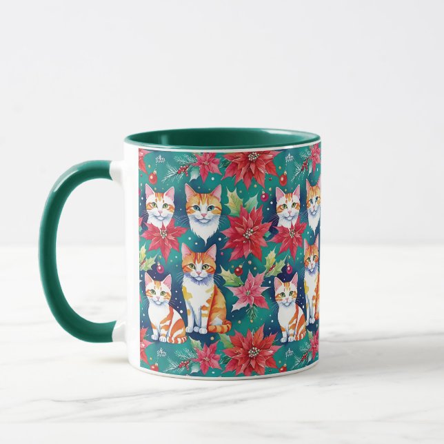 Christmas Tabby Cats With Poinsettias Mug (Left)