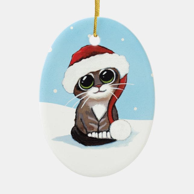 Christmas Tabby Kitten in a Santa Hat Ceramic Tree Decoration (Front)