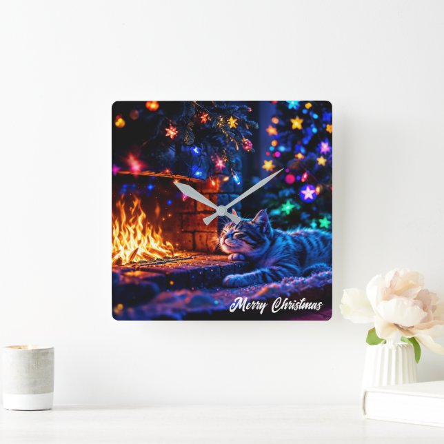 Christmas tabby sleeping cat warm decor square wall clock (Home)