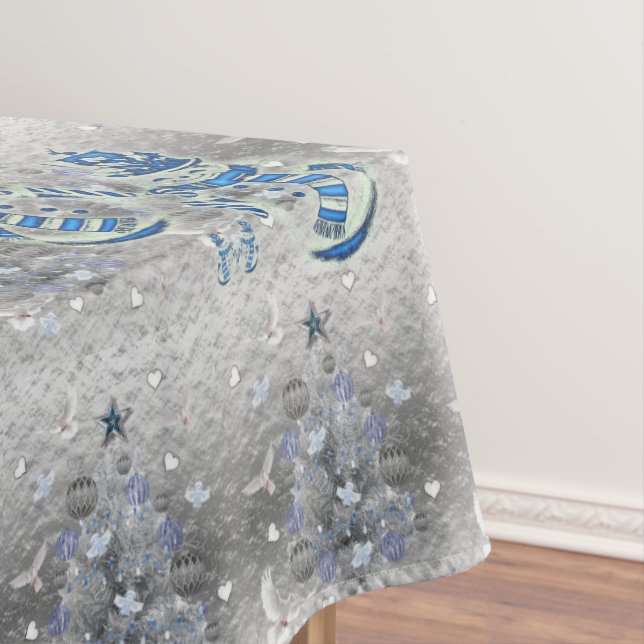 Christmas Tablecloth, Merry Blue Silver Snowman Tablecloth (In Situ)