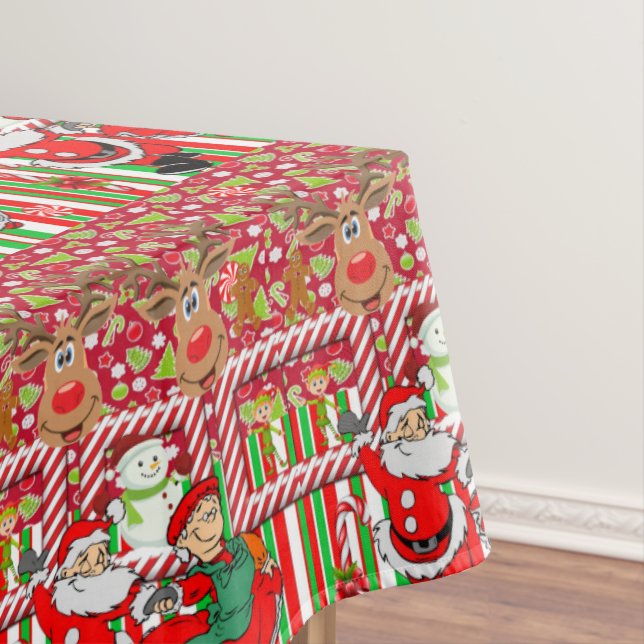 Christmas Tablecloth, Merry, Snowman Santa Elf Tablecloth (In Situ)