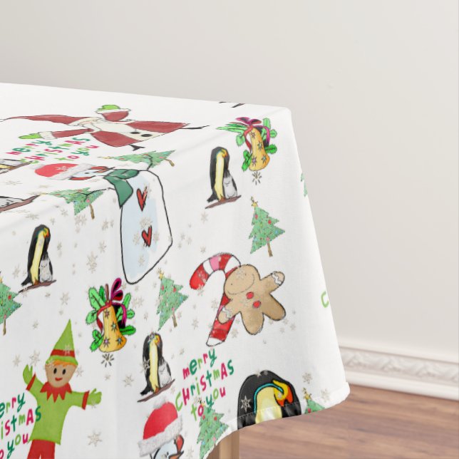 Christmas Tablecloth, Penguin, Snowman, Elf  Tablecloth (In Situ)