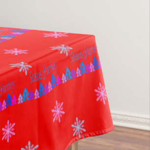 Christmas Tablecloth, Seasons Greetings Red Tablecloth
