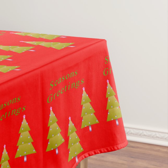 Christmas Tablecloth, Seasons Greetings Red Trees Tablecloth (In Situ)
