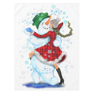 Christmas Tablecloth Snowman and Girl Dance - Fun