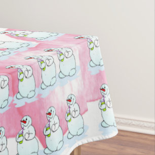 Christmas Tablecloth, Thirsty Snowman Pink Hearts  Tablecloth