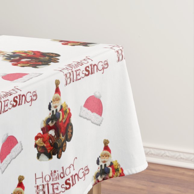 Christmas Tablecloth, Vintage Santa Holiday Bless Tablecloth (In Situ)