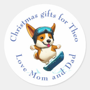 Christmas tag stickers Corgi snowboarding