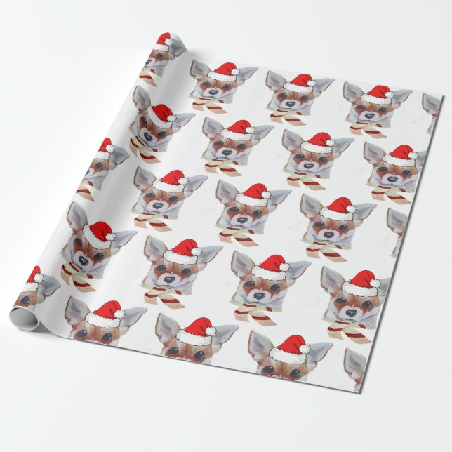 Christmas Tan Chihuahua Santa Hat Wrapping Paper (Unrolled)
