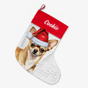 Christmas Tan Chihuahua Santa with Dog's Name Large Christmas Stocking